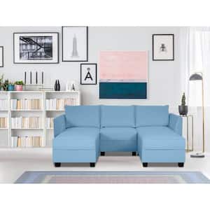 87.01 in. Linen Modular Reversible U-Shaped Sectional Sofa with Double Chaise and Ottomans, Robin Egg Blue