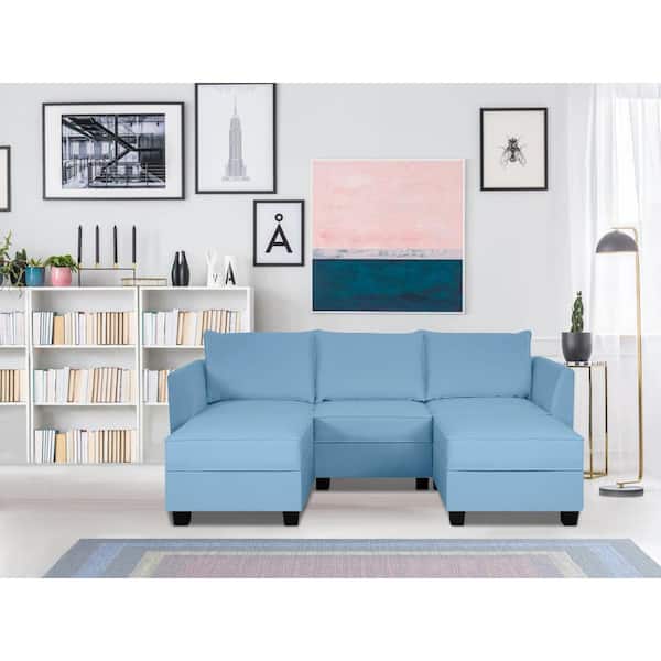 HOMESTOCK 87.01 in. Linen Modular Reversible U-Shaped Sectional Sofa with Double Chaise and Ottomans, Robin Egg Blue