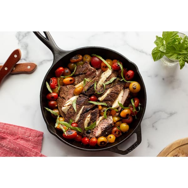 10.25 in. Cast Iron Skillet with Sugar Skull Design in Black with Pour Spout