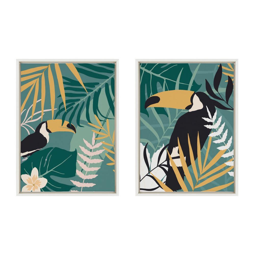 Tropical Toucan Abstract Canvas Art Set with White Frame