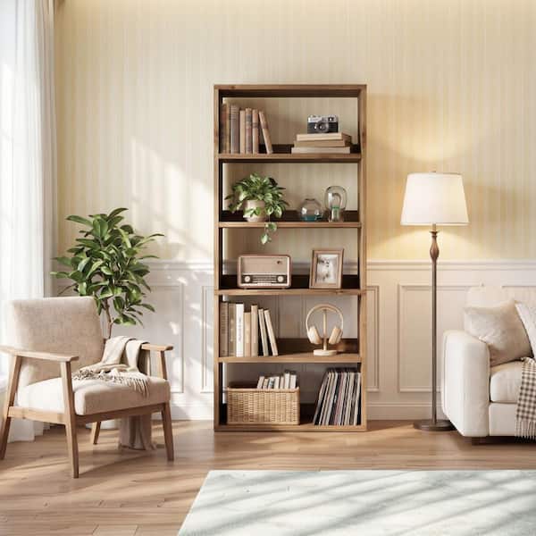 BYBLIGHT 70.87 in. Tall Brown Solid Wood 5-Shelf Farmhouse