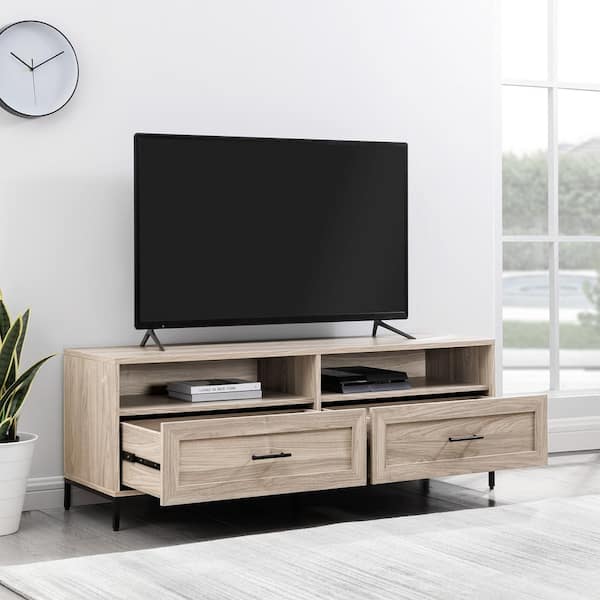 56 in. Birch Wood Modern TV Stand with 2 Drawers and Cable Management (Max tv size 60 in.)