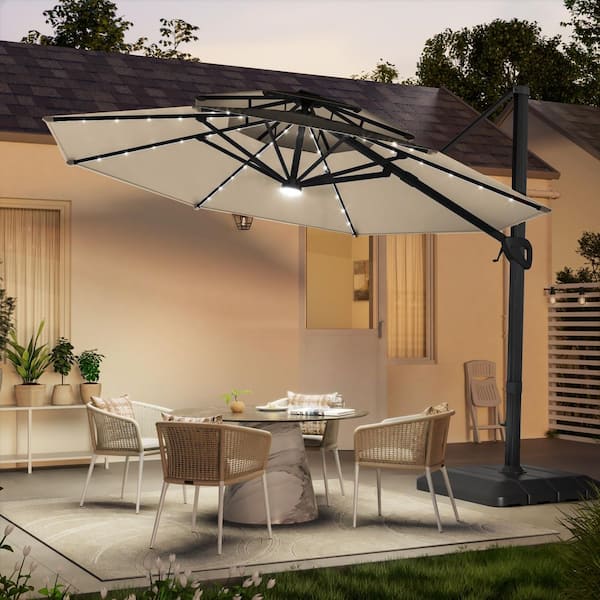 11 ft. Double Top Aluminum Outdoor Cantilever Solar LED Lights Patio Umbrella with a Base in Sand