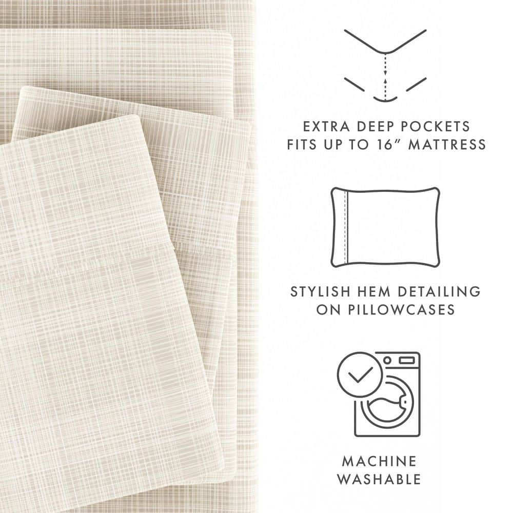 Ray Thatch Pattern Microfiber Queen Sheet Set in Light Beige