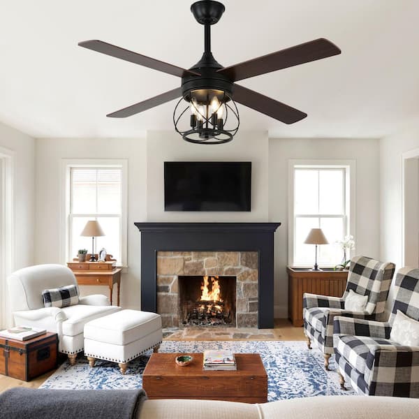 48 in. Indoor Standard Downrod Black Farmhouse Ceiling Fan with Light and Remote, Reversible DC Motor Rustic Caged Fan
