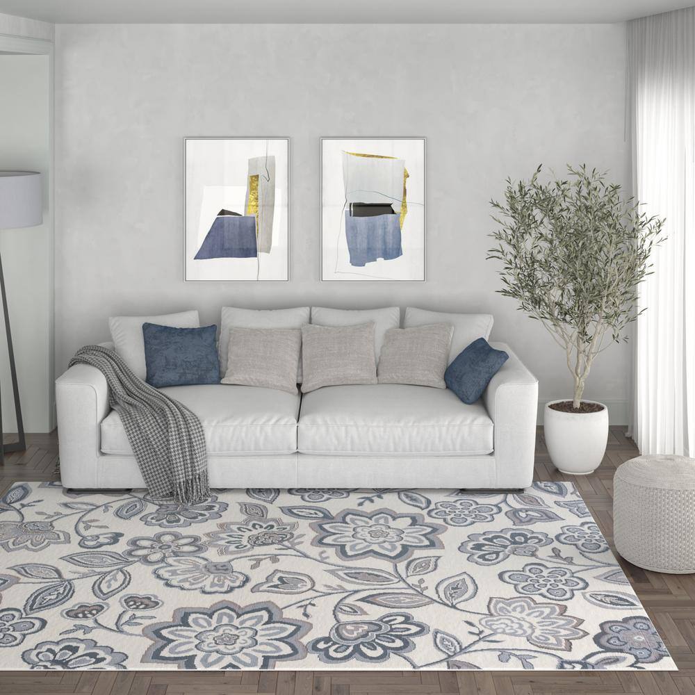 Cream Floral Synthetic 5' x 7' Reversible Area Rug