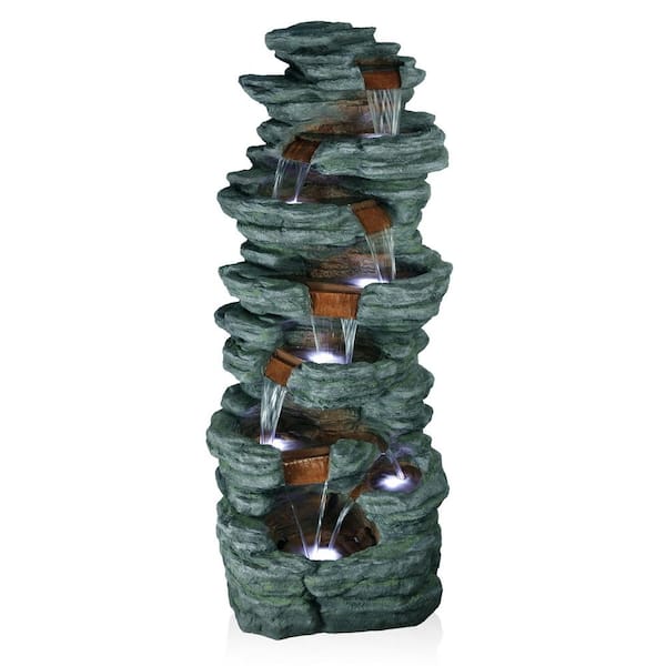 Alpine Corporation 79 in. Tall Multi-Tiered Outdoor Cascading Stone Fountain with LED Lights