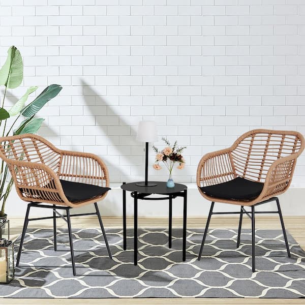 Unbranded Natural Color 3-Piece Wicker Outdoor Bistro Set Style Table and Chair Combination with Washed Black Cushion