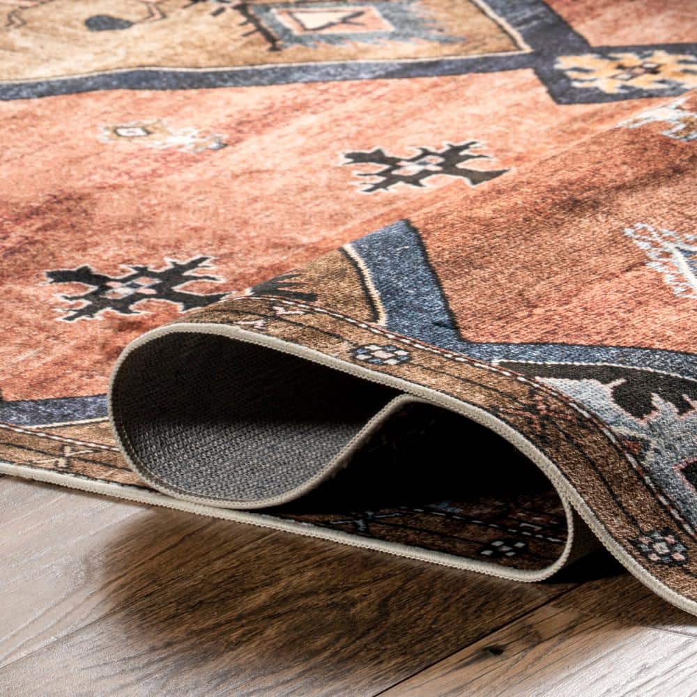 Gray and Rust Medallion 8' x 10' Washable Synthetic Area Rug