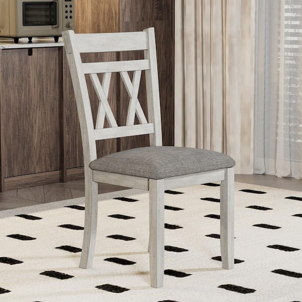 Farmhouse Round Dining Table Set with X-Back Chairs, Upholstered Seats, 7-Piece Wood Gray Dining Set