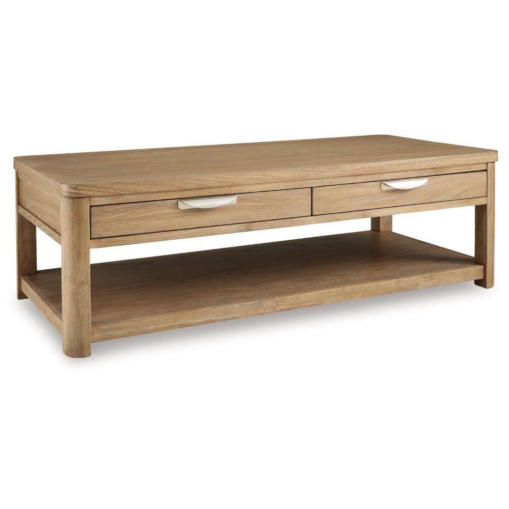 Renie 56 in. Light Brown Rectangle Shape Wood Coffee Table with Shelves and Drawer