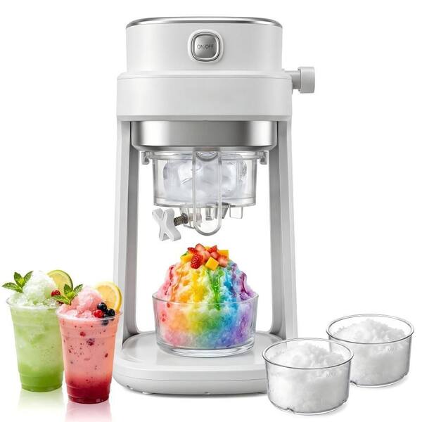 White Electric Ice Shaver Machine, Adjustable Texture Snow Cone Maker, Compact Countertop Shaved Ice Machine