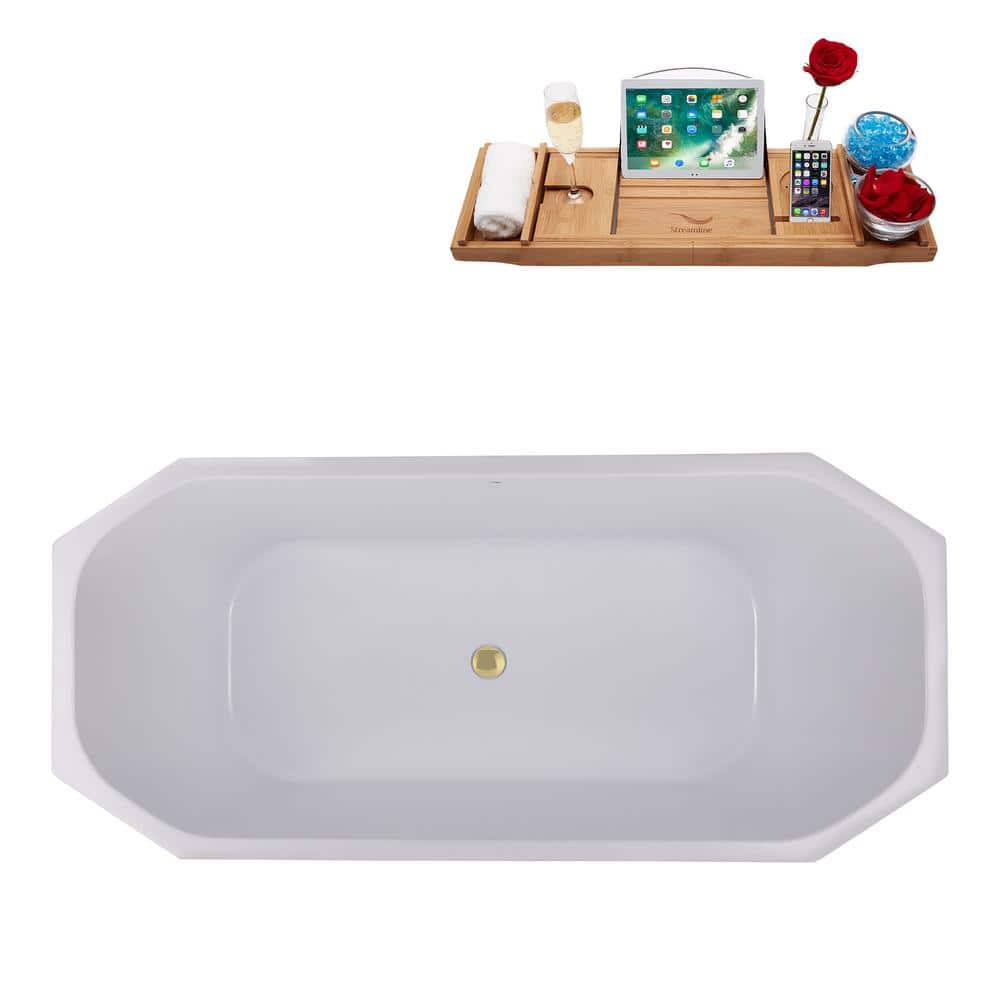 63'' Matte Black Acrylic Freestanding Soaking Bathtub with Polished Brass Trim