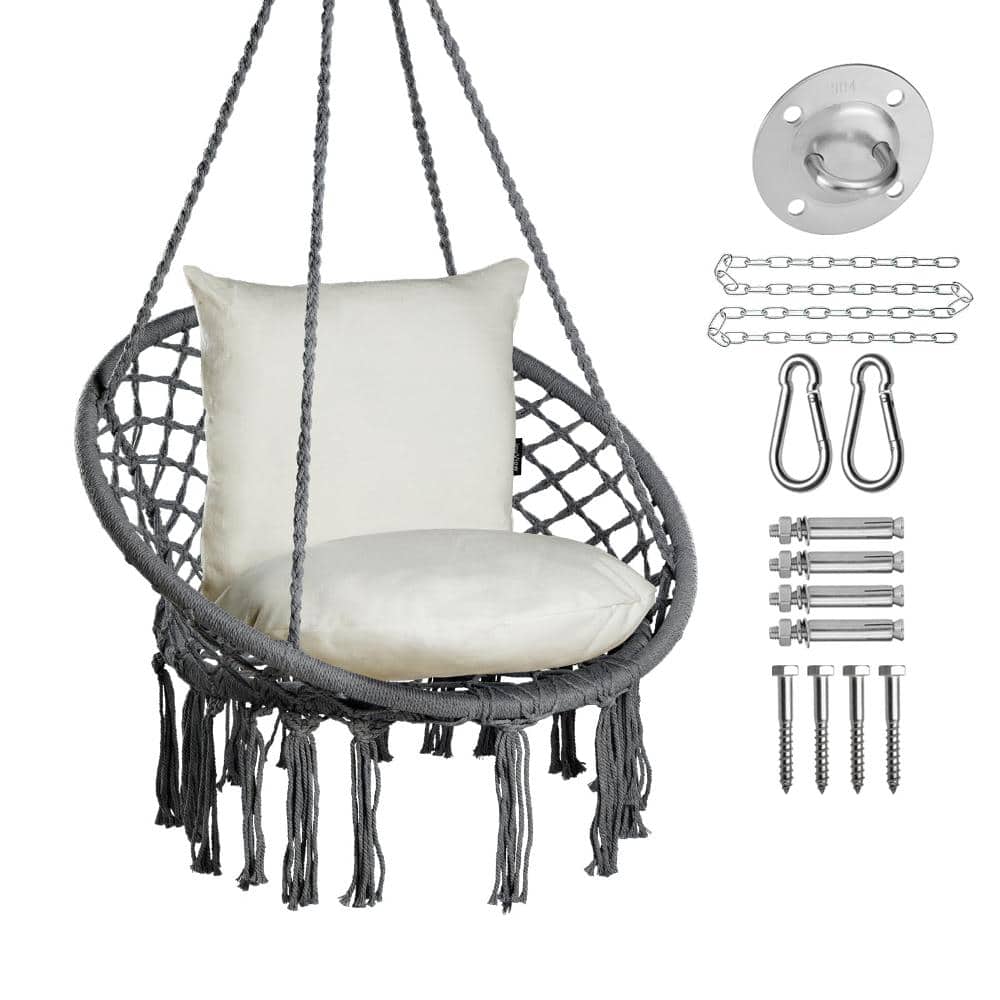 Macrame Hammock Chair Hanging Swing Chair 330 lb Capacity with 2 Cushions and Hardware Kit 31.5 x 23.62 in Dark