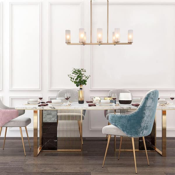 Modern Chandelier Gold Island Candlestick 8-Light Linear Rectangle Cylinder Frosted Glass Shades High Ceiling Light