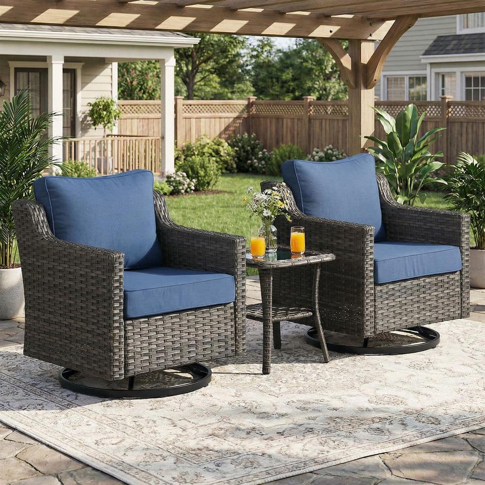 Haven Gray 3-Piece Wicker Swivel Gliders Patio Conversation Set with 4-Inch Thick Navy Blue Cushions and Side Table price history on PriceWatchPro