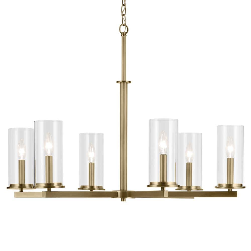 Natural Brass 6-Light Chandelier with Clear Glass Shades