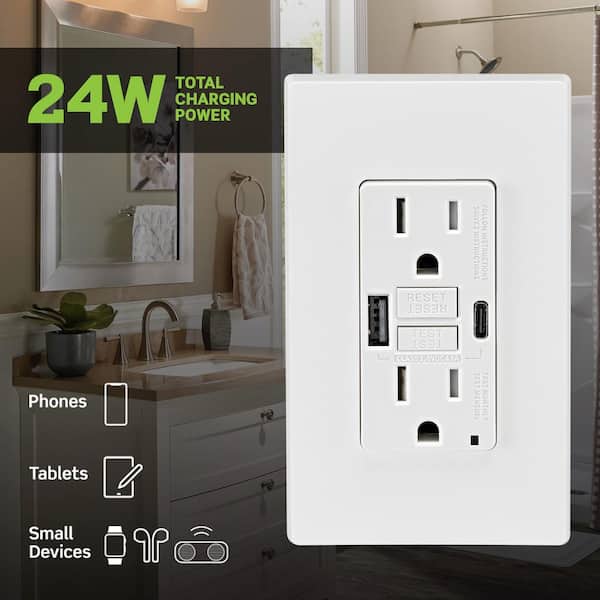 15 Amp SmartlockPro Self-Test GFCI Combination 24-Watt (4.8 Amp) Type A/C USB In-Wall Charger Duplex Outlet, White