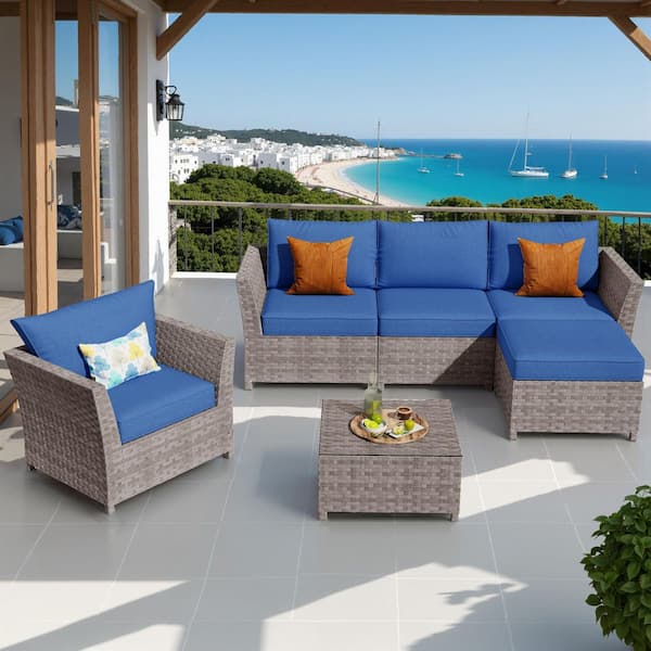 Auris Gray 6-Piece Wicker Outdoor Patio Conversation Seating Set with Navy Blue Cushions and Coffee Table for Backyard