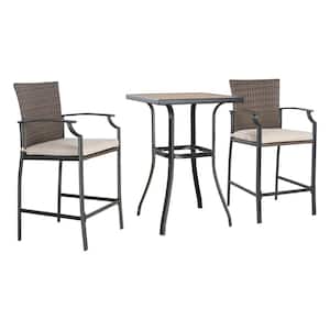 3-Piece Metal Outdoor Serving Bar Set with Cushion, 2 Wicker Bar Chairs and Wood-like Bar Table