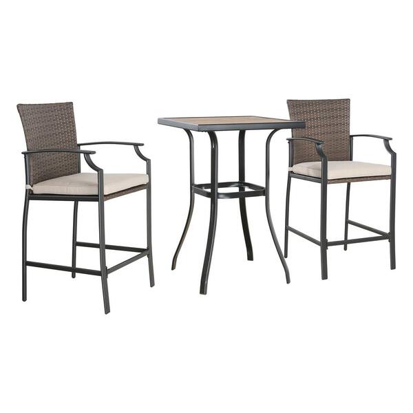 ULAX FURNITURE 3-Piece Metal Outdoor Serving Bar Set with Cushion, 2 Wicker Bar Chairs and Wood-like Bar Table