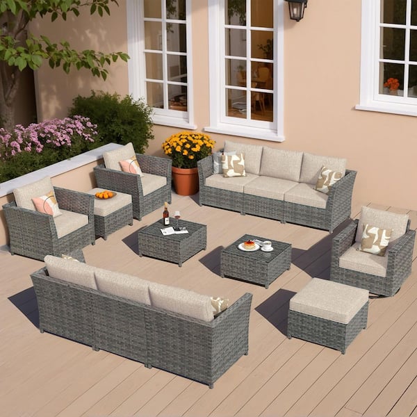 OVIOS Bexley Gray 13-Piece Wicker Patio Conversation Seating Set with Bold-Stripe Beige Cushions and Swivel Chairs