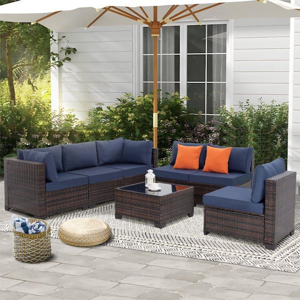 MIRAFIT 8-Piece Aluminum Patio Conversation Set with Table and Orange Cushions