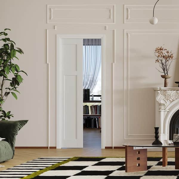 24 in. x 80 in. Pre-Assembled T-Shaped, 3 Panel, Composite, MDF, White Primed Pocket Door Frame with Hardware