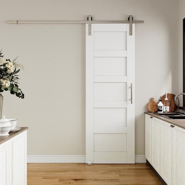 28 in. x 80 in. White Primed 5 Lite Pattern Paneled MDF Sliding Barn Door with Hardware Kit Nickel Plated