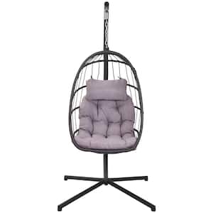 38 in. Outdoor Wicker Hanging Patio Swing, Patio Egg Chair with UV Resistant, Cushion and Aluminum Frame, Gray