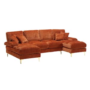 110 in. W 4-piece U Shaped Chenille Modern Sectional Sofa with in Orange Double Chaises