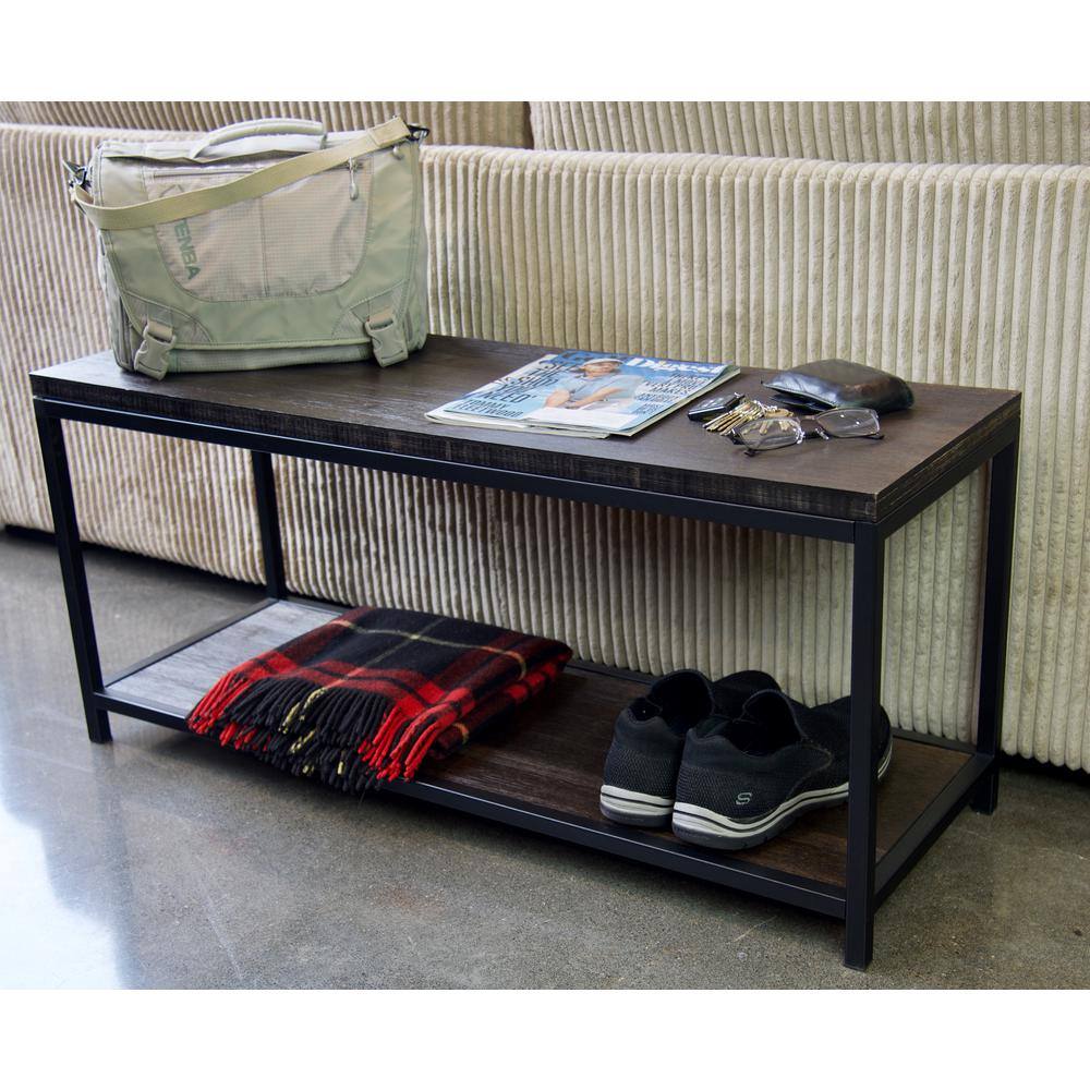 Modern Brushed Brown Bamboo & Matte Black Steel Console Bench with Storage