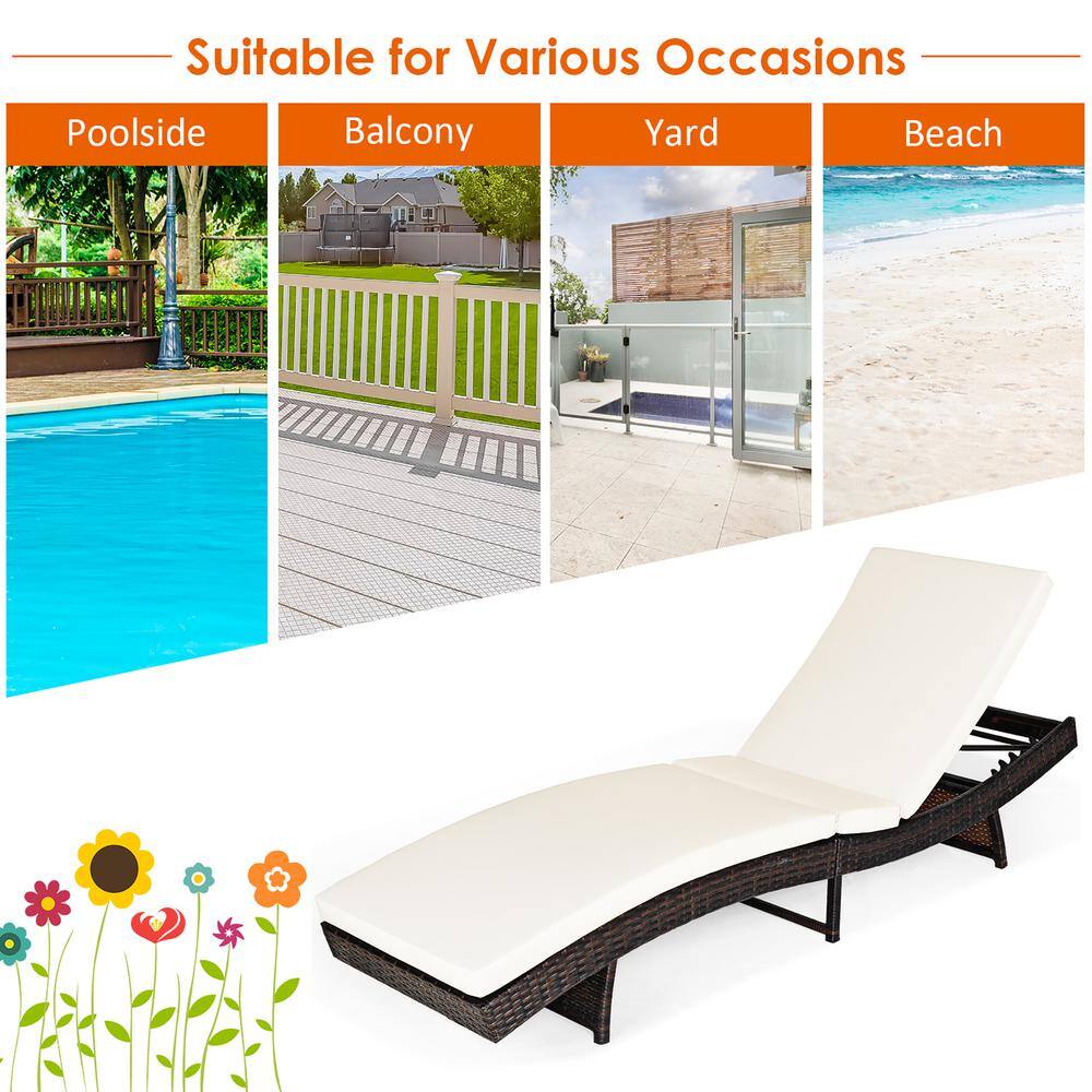 Adjustable White Cushioned Rattan Folding Chaise Lounge Chair