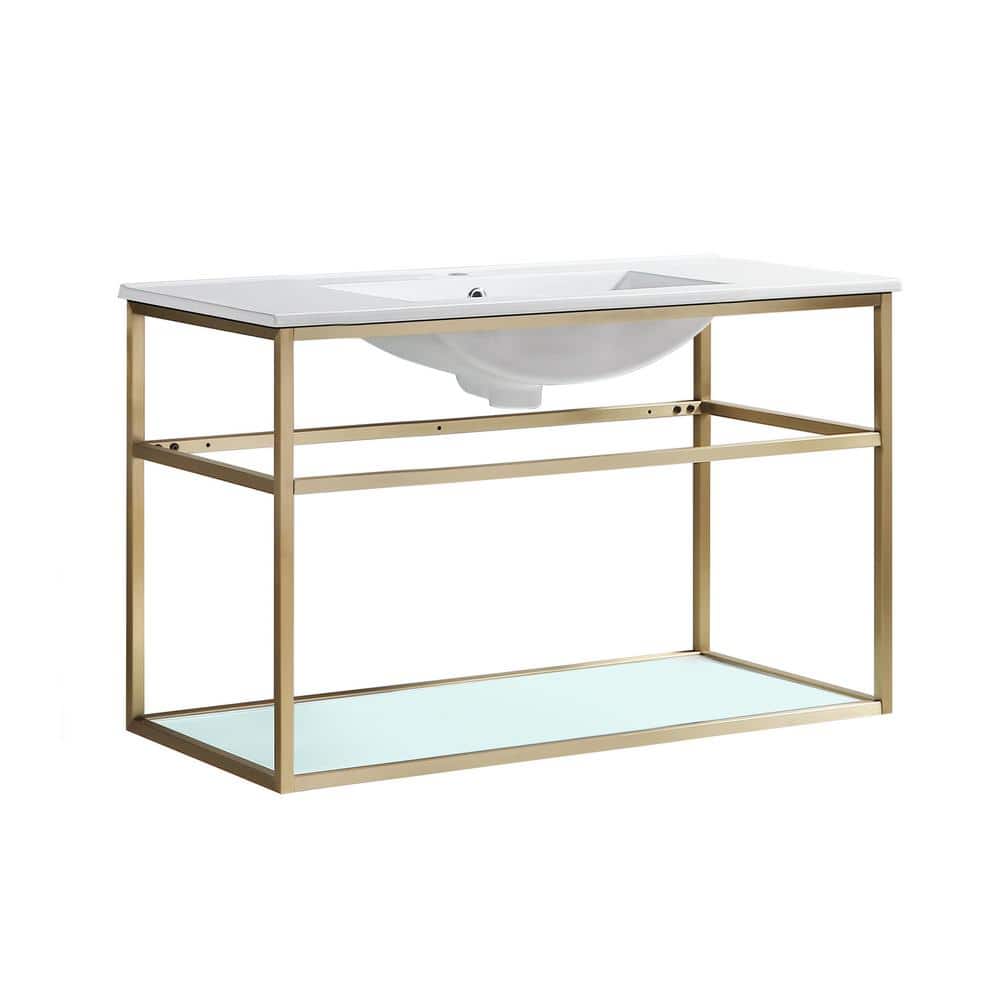 Pierre 36" Gold Stainless Steel Floating Bathroom Vanity with Glossy White Ceramic Sink