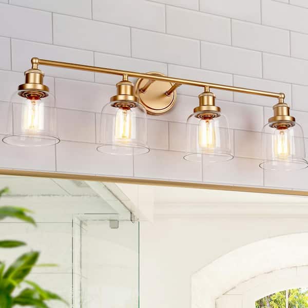 Mid-Century Modern Bathroom 29.9 in. 4-Light Brass Gold Vanity Light, Bell Wall Light with Clear Glass Shades