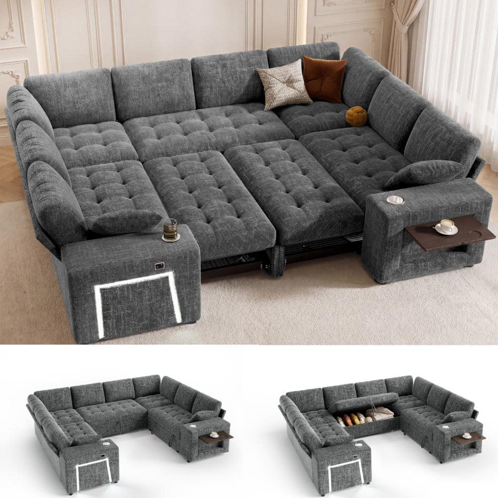 "111"" U Shaped Modular Sectional Sleeper Sofa with Pull Out Bed,8 Seat Beige Chenille Couch with 2 Pull-Out Beds" price history on PriceWatchPro