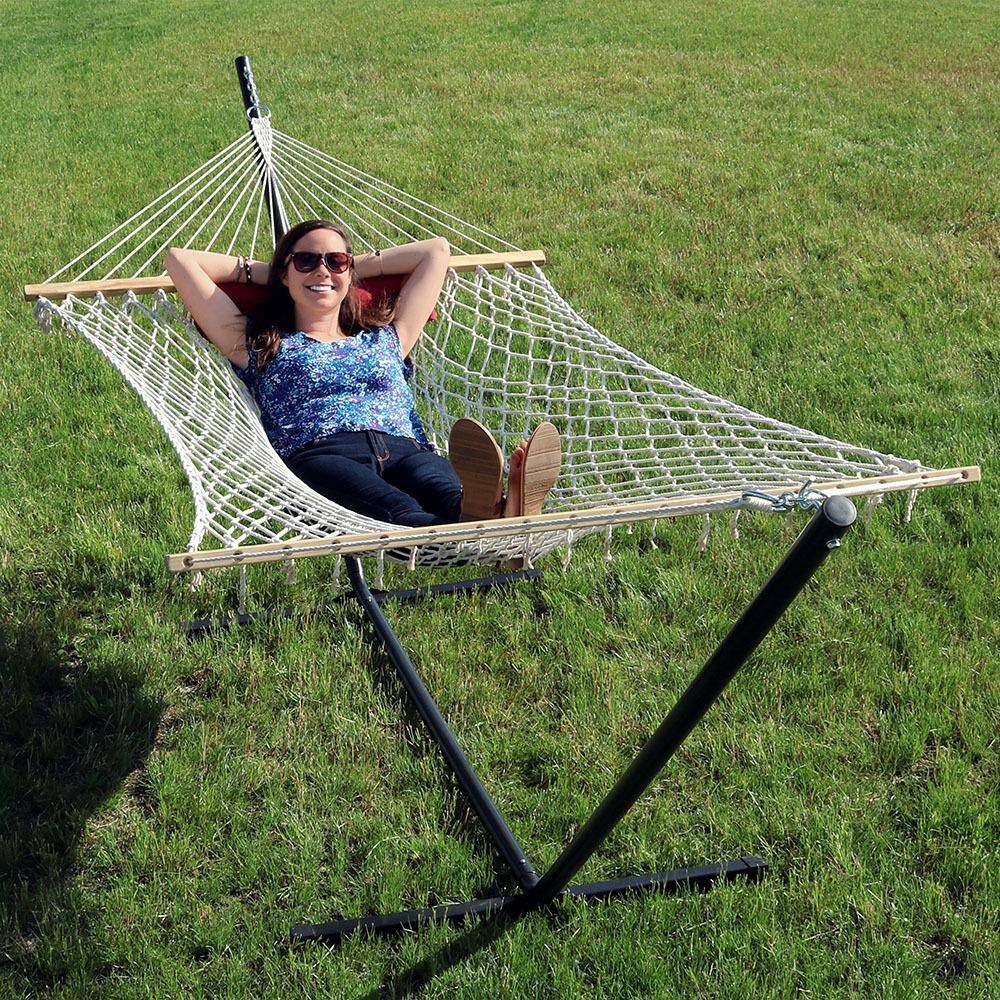 12 ft Red and Brown Striped Rope Hammock with Steel Stand
