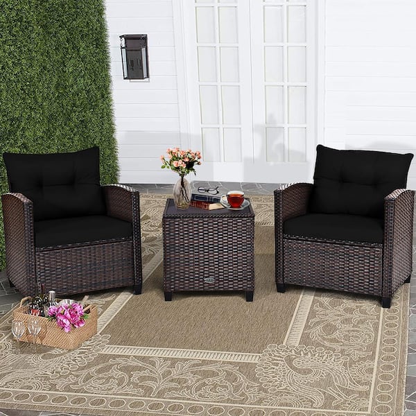 Costway Black 3-Piece Metal Brown Frame Patio Conversation with Black Cushions