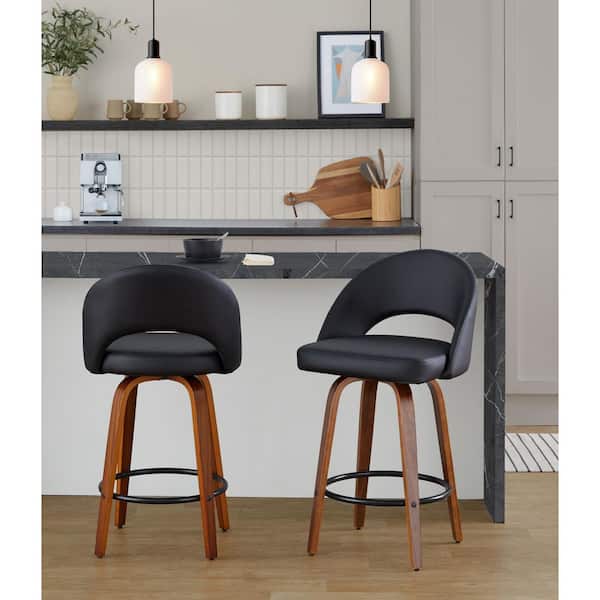 Renee Upholstered 38.5 in.H Black Faux Leather,Walnut Wood and Black Fixed-Height Counter Stool Round Footrest(Set of 2)