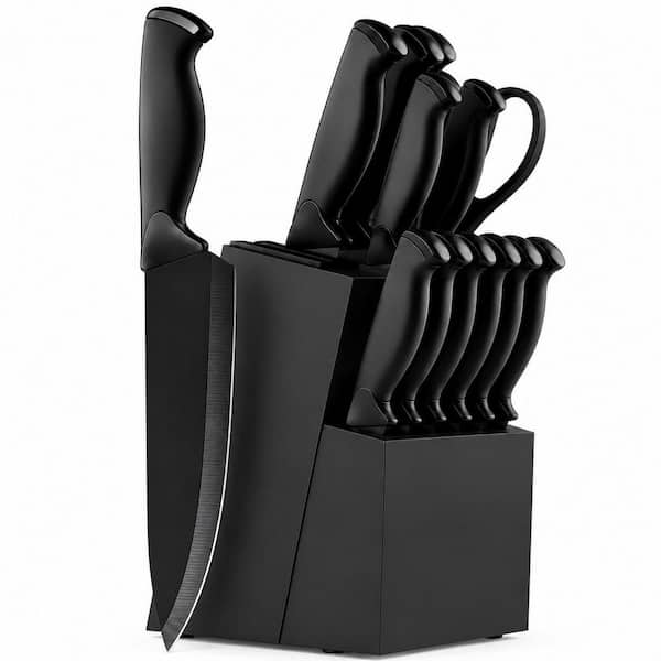 14-Piece Black High Carbon Stainless Steel Kitchen Knife Set with Block and Built-In Sharpener