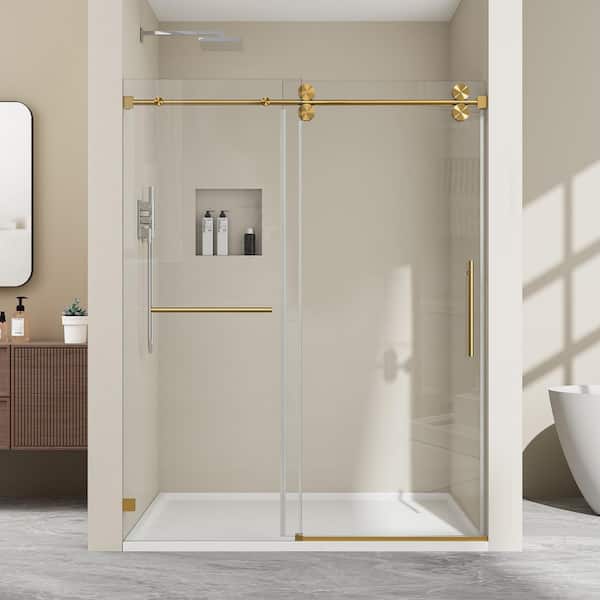 56-60.5 in. W x 79 in. H Single Sliding Frameless Shower Door in Brushed Gold with 3/8 in. Clear Tempered Glass