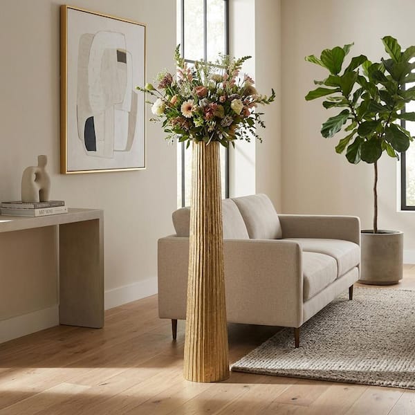 58 in. Gold Metal Ribbed Textured Finish Decorative Vase