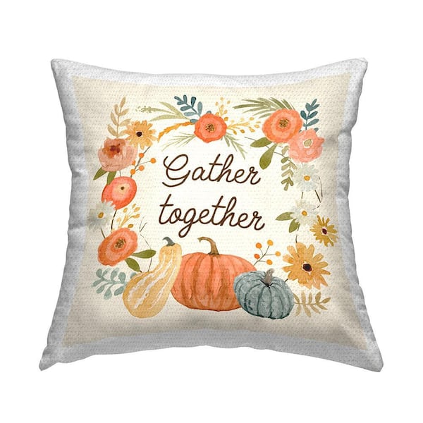 Gather Together Phrase Mixed Autumnal Gourds Flowers Orange Square Outdoor Throw Pillow