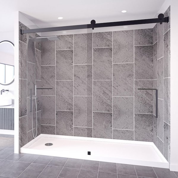 Slate Grey-Tetherow 60 in. x 32-in x 83 in. Base/Wall/Door Rectangular Alcove Shower Stall/Kit Matte Black Left