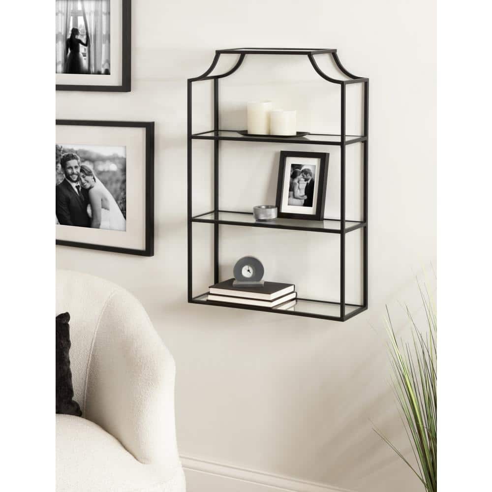 Scalloped Black Metal and Glass 20x30 Floating Wall Shelf