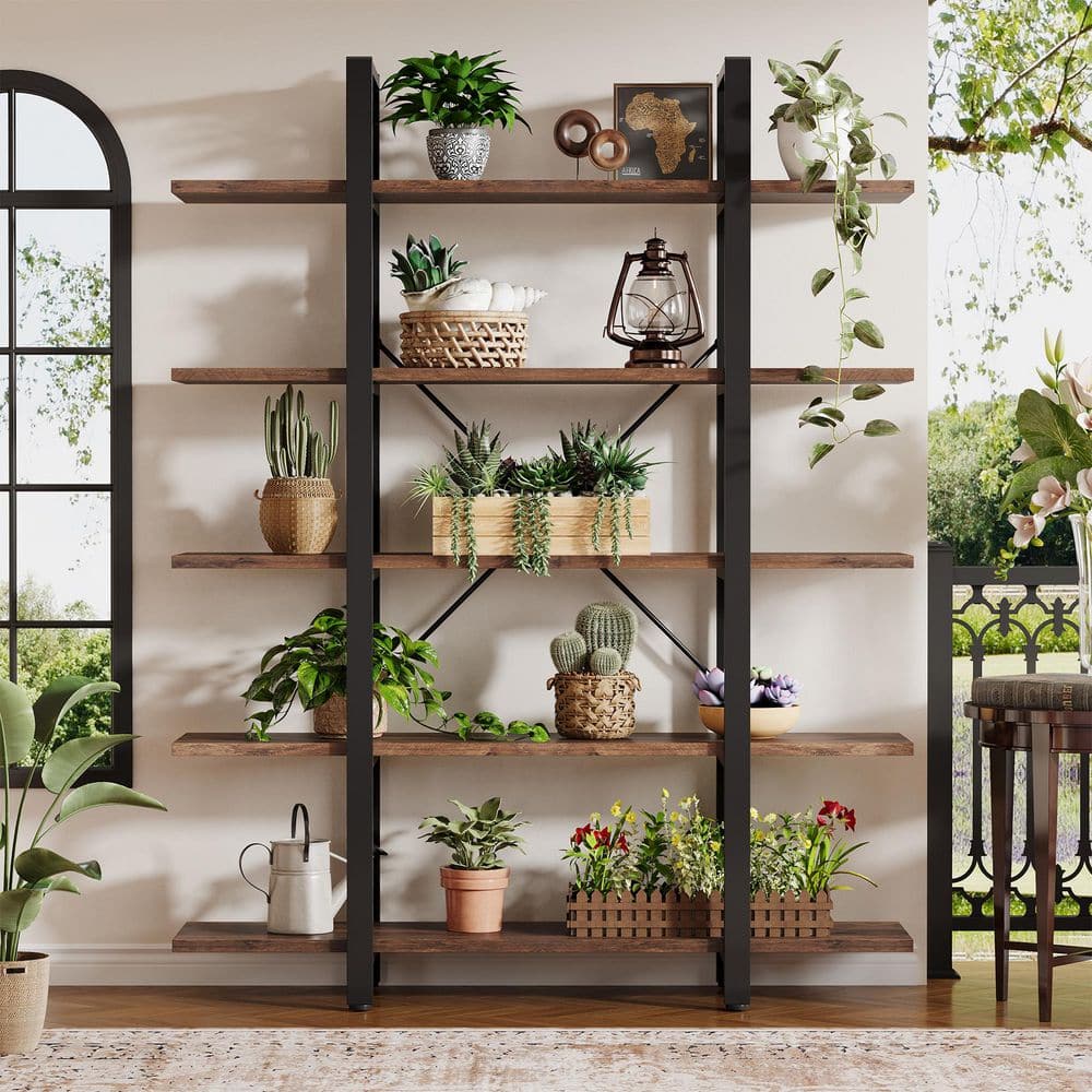 BYBLIGHT Eulas 72 in. Tall Deep Brown & Black Wood 5-Shelf