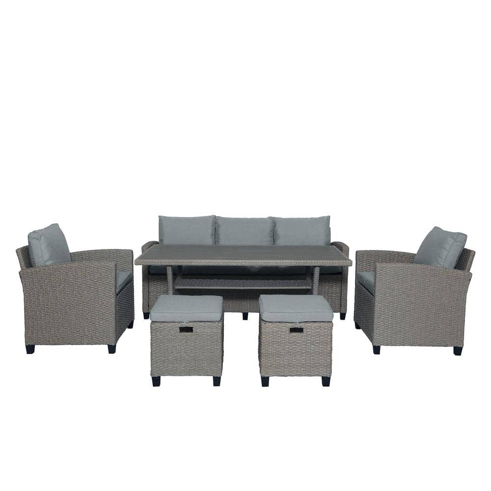 6-Piece Wicker Patio Conversation Sectional Seating Set with Gray Cushions