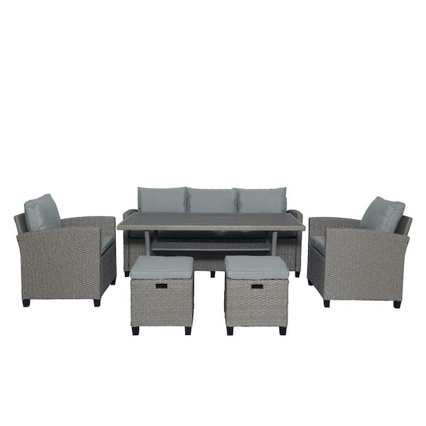 Unbranded 6-Piece Wicker Patio Conversation Sectional Seating Set with Gray Cushions