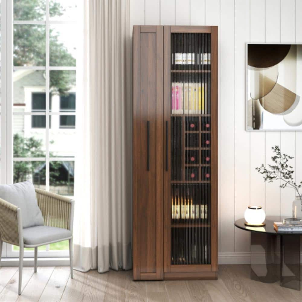 18" Floor Farmhouse Pull-Out Storage Cabinet with Glass Doors, Brown Walnut