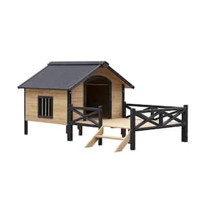 Cabinet Style Large Wooden Dog Kennel with Decked Porch and Open Roof